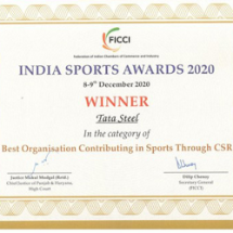 Tata Steel recognised as the “Best Organisation Contributing in Sports Through CSR” at the FICCI India Sports Awards 2020